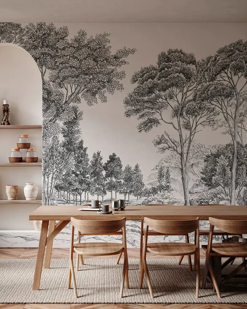 forest inspired wallpaper in dining room decor, Archi-living.com