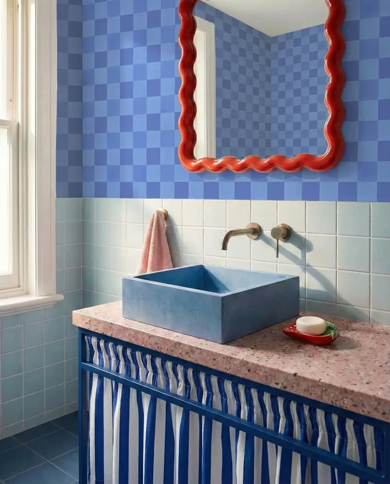 Tranquil Gingham Big Pattern Blue Square Wallpaper for Bathroom Decor, Photowall, Archi-living.com