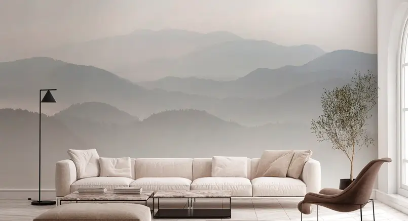mountain themed wallpaper in neutral colors for the living room decor, Archi-living.com
