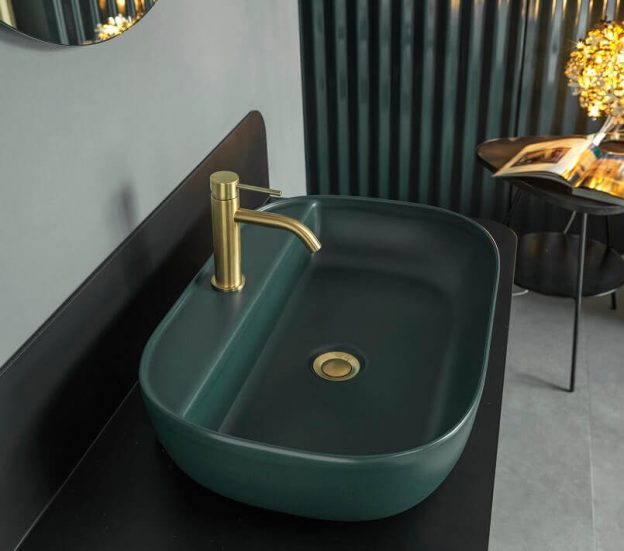 green washbasin ceramic,green bathroom sink ceramic,colorful wash basin,green bathroom sink with gold taps,scarabeo ceramiche srl fabrica di roma,